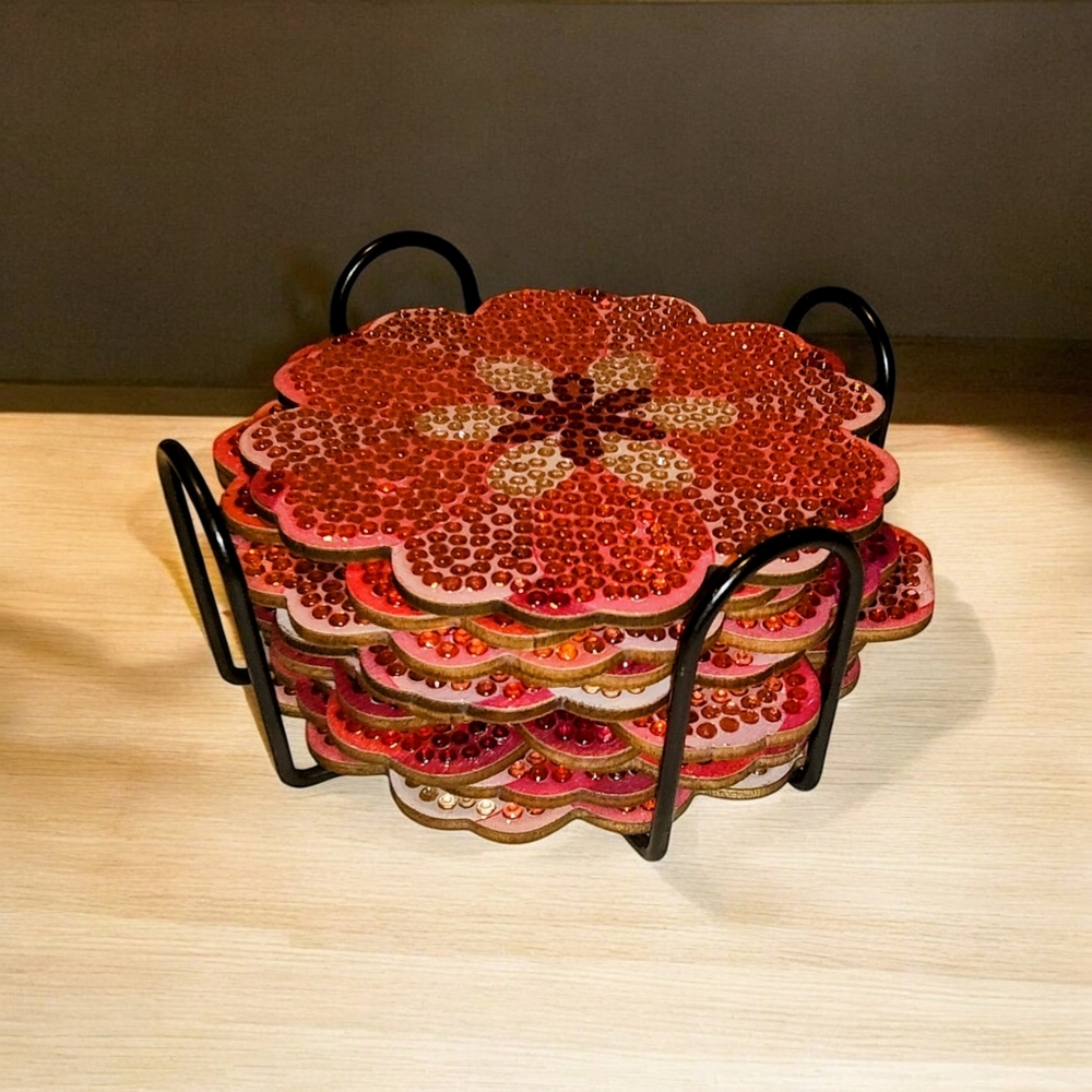 Handmade Jeweled 10-Piece Red floral Coaster Set | NWOT